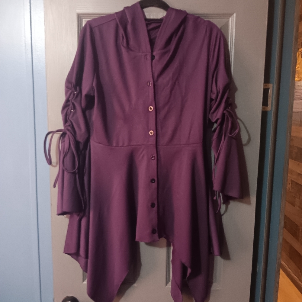 Purple Longline Button-Front Women's Hoodie Top with Drawstring Sleeves